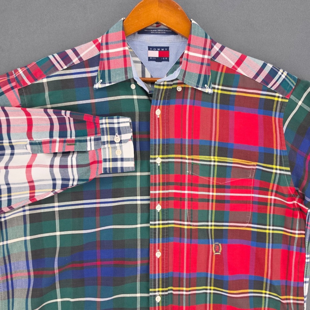 Tommy Hilfiger Mens Patchwork Plaid Button Down Shirt Multi Color M Long Sleeve